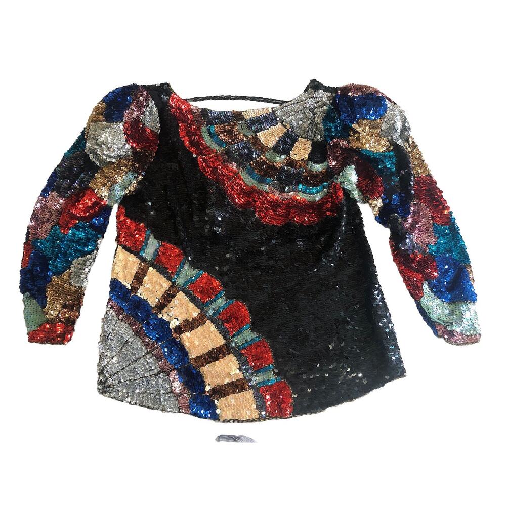 Fairlady Vintage Sequined Silk Blouse Top Black Multicolor New W/ Extra Sequin s